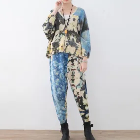 2018 new spring two pieces blue prints knit sweater and casual patchwork floral pants