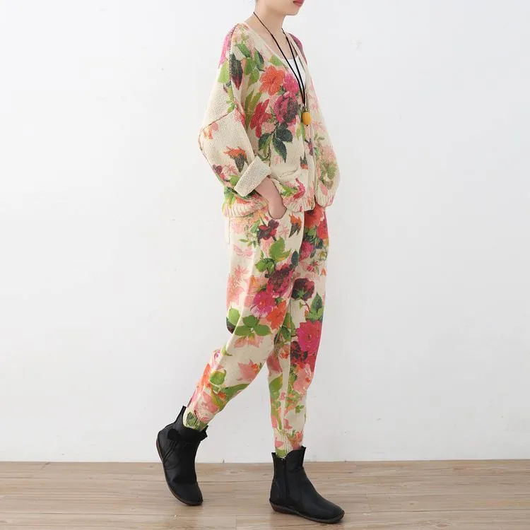 2018 spring new roses prints cute sweater and knit harem pants casual two pieces