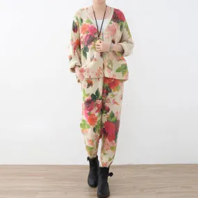 2018 spring new roses prints cute sweater and knit harem pants casual two pieces