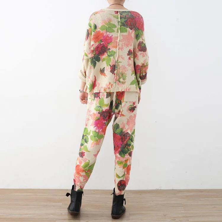 2018 spring new roses prints cute sweater and knit harem pants casual two pieces