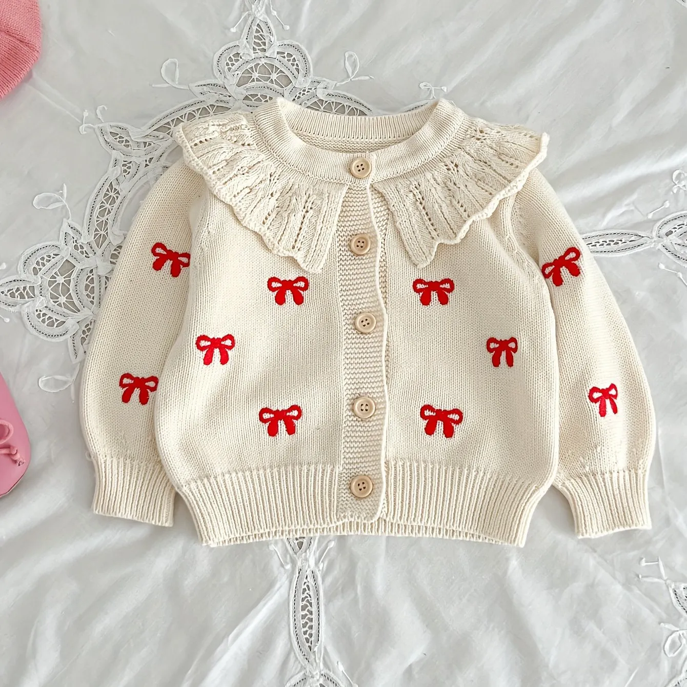 Adorable Baby Girl's Ruffled Knit Cardigan Top - Soft, Breathable, and Stylish with Cute Bow Pattern Embroidery - Perfect for Casual Daily Wear and Special Occasions