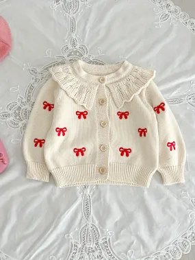 Adorable Baby Girl's Ruffled Knit Cardigan Top - Soft, Breathable, and Stylish with Cute Bow Pattern Embroidery - Perfect for Casual Daily Wear and Special Occasions