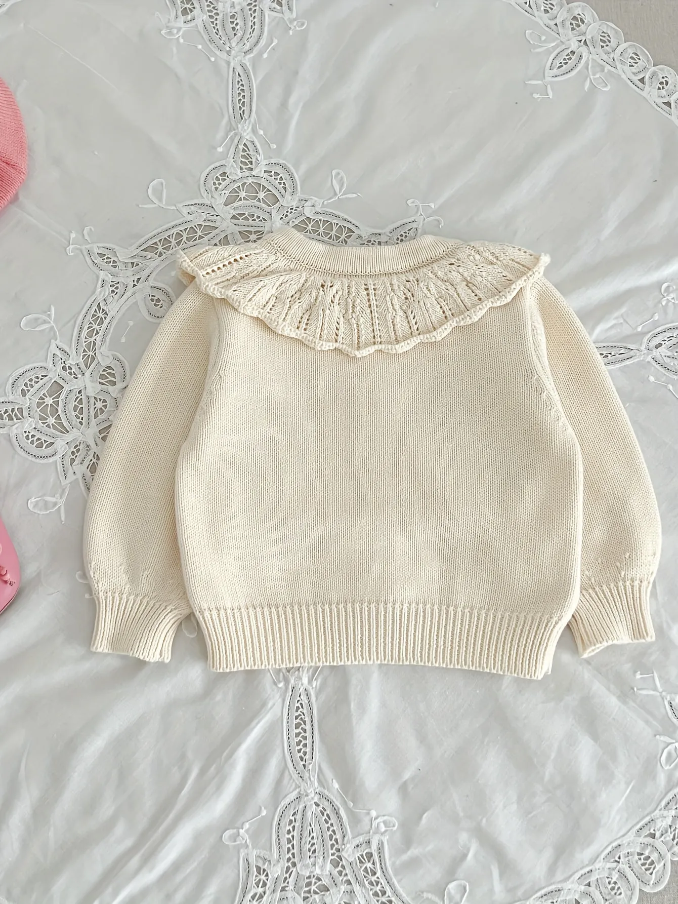 Adorable Baby Girl's Ruffled Knit Cardigan Top - Soft, Breathable, and Stylish with Cute Bow Pattern Embroidery - Perfect for Casual Daily Wear and Special Occasions