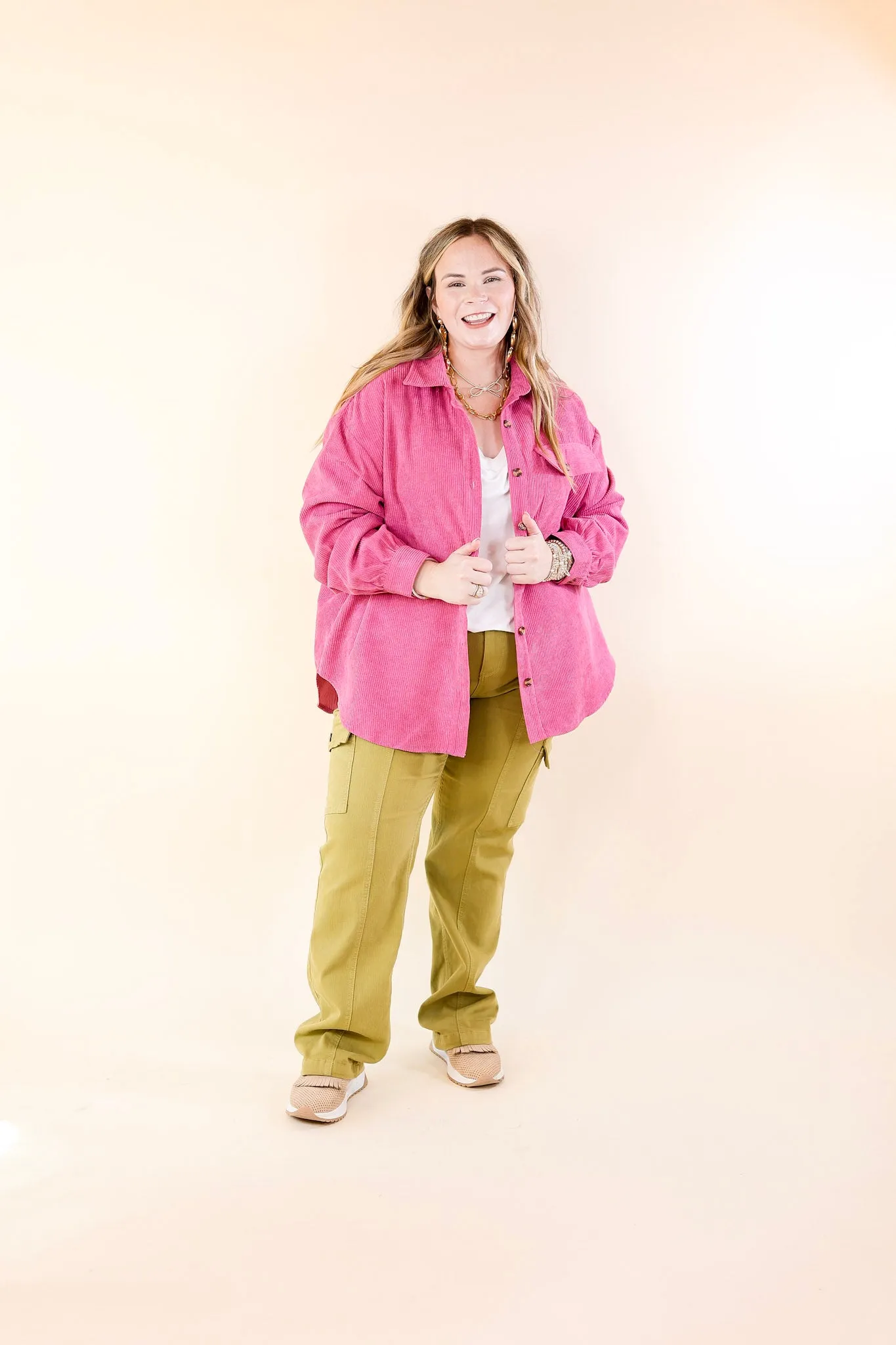 All Dolled Up Button Up Corduroy Shacket in Orchid Pink