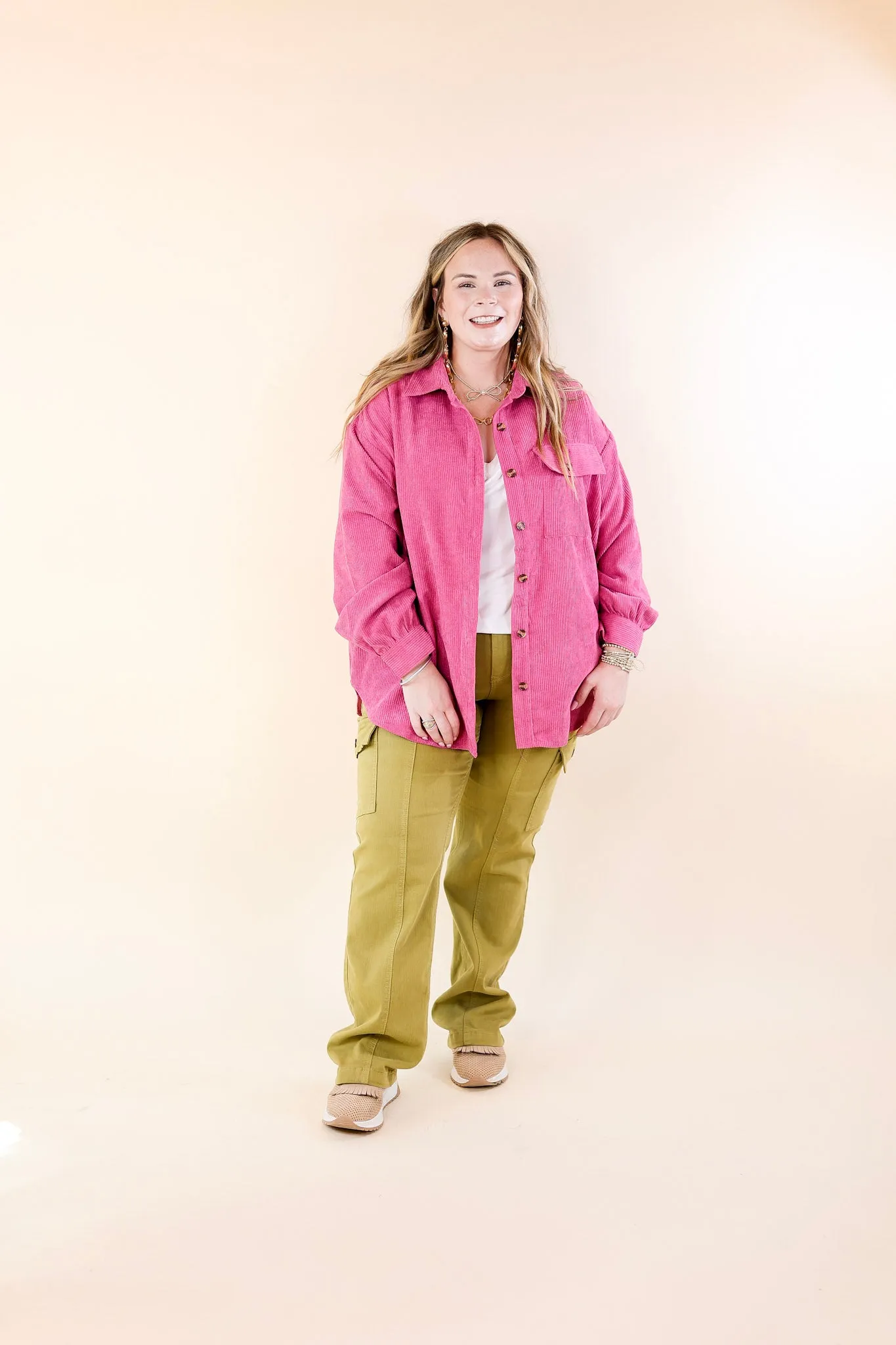 All Dolled Up Button Up Corduroy Shacket in Orchid Pink