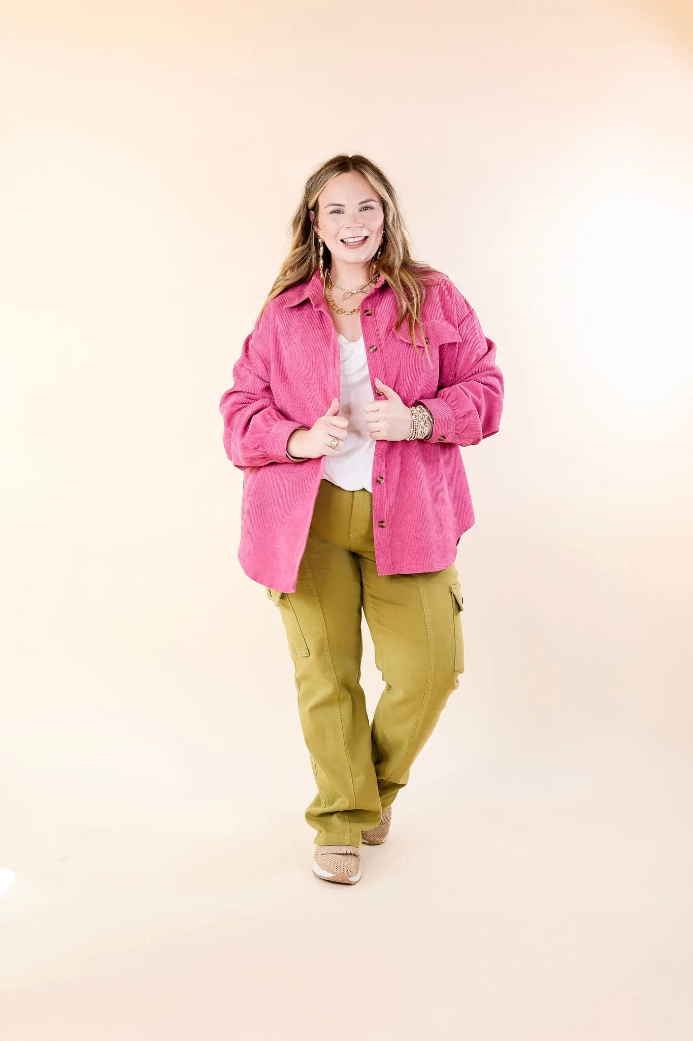 All Dolled Up Button Up Corduroy Shacket in Orchid Pink