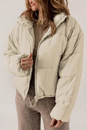 Apricot Zip Up Drawstring Hem Puffer Coat