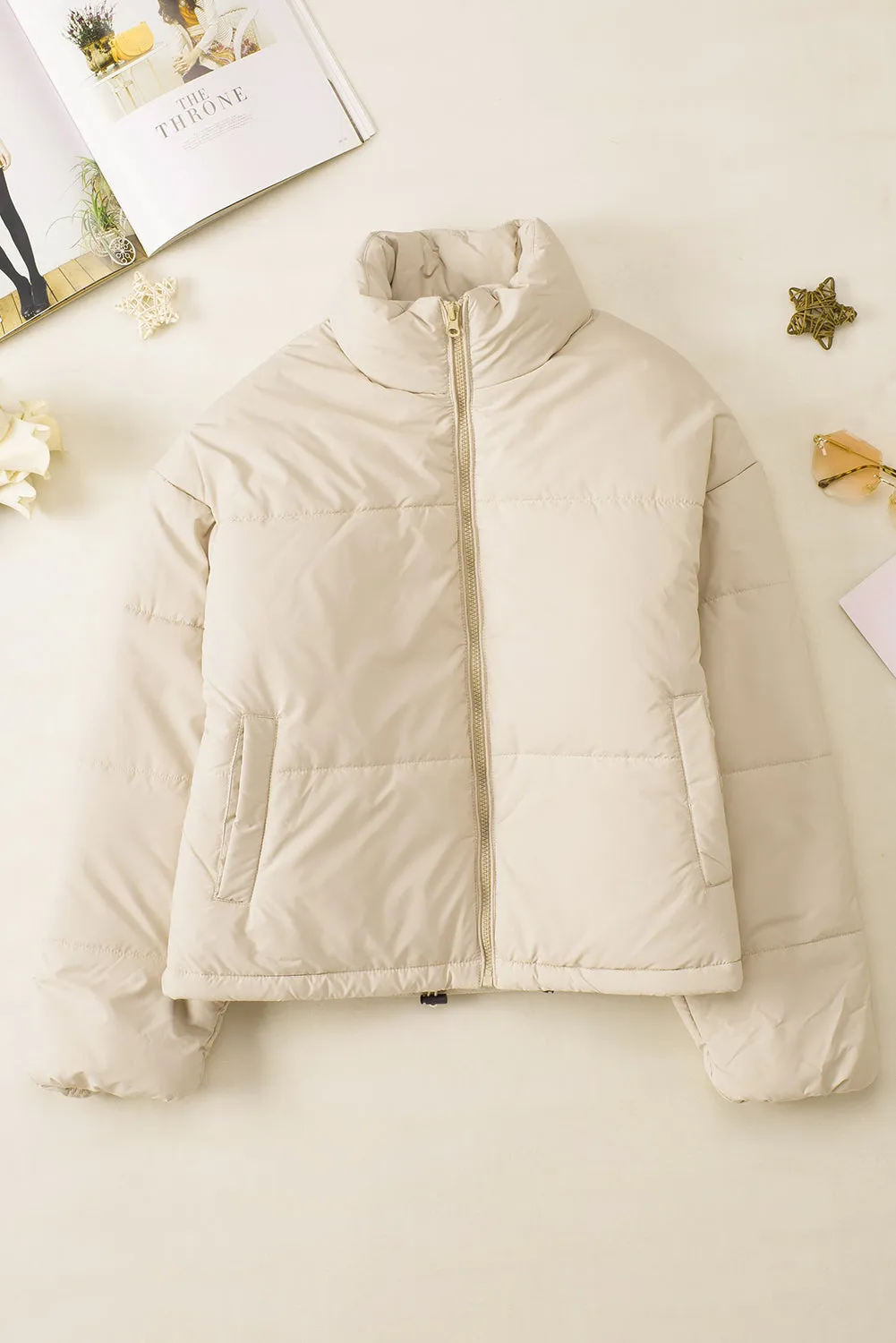 Apricot Zip Up Drawstring Hem Puffer Coat