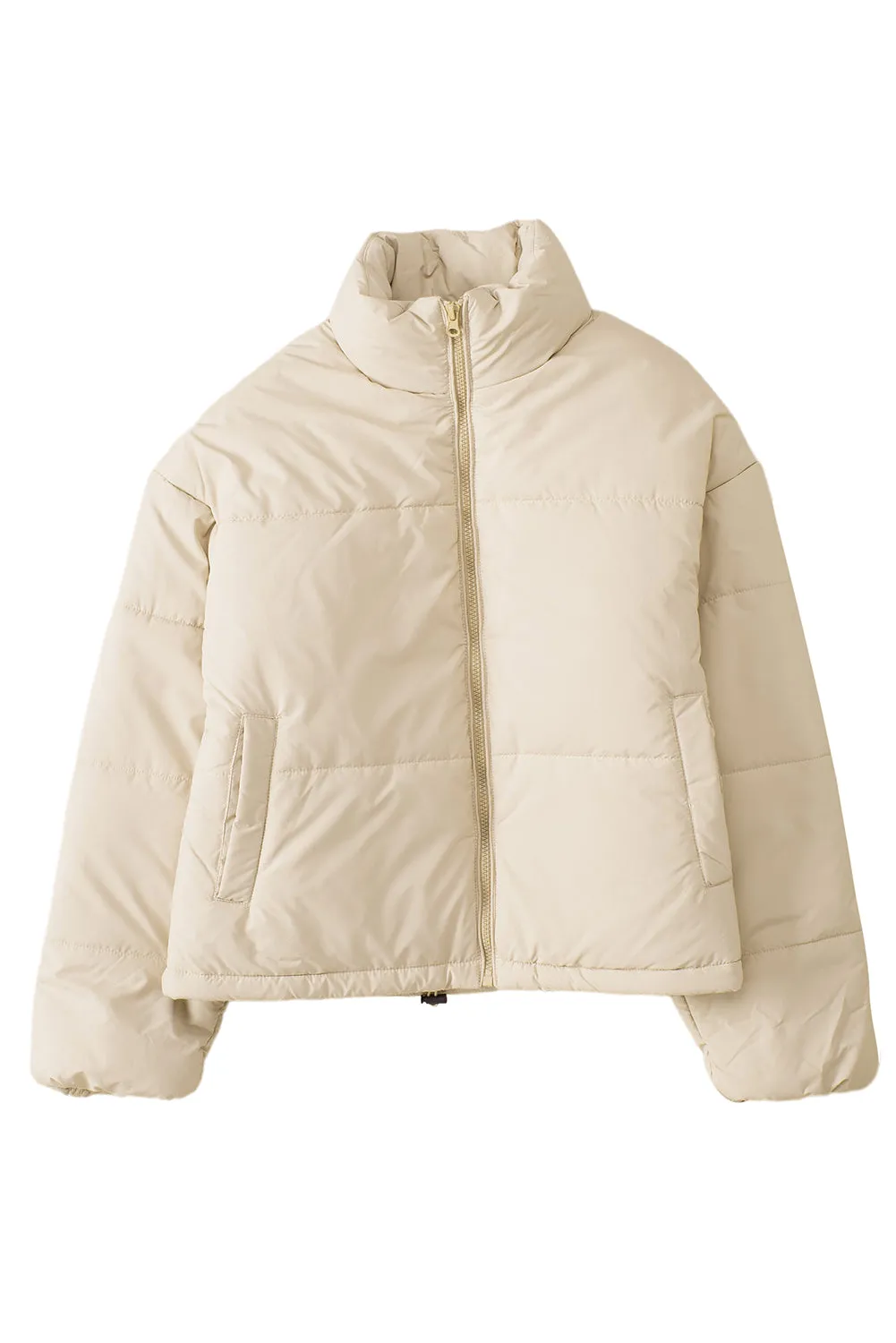 apricot zip up drawstring hem puffer coat