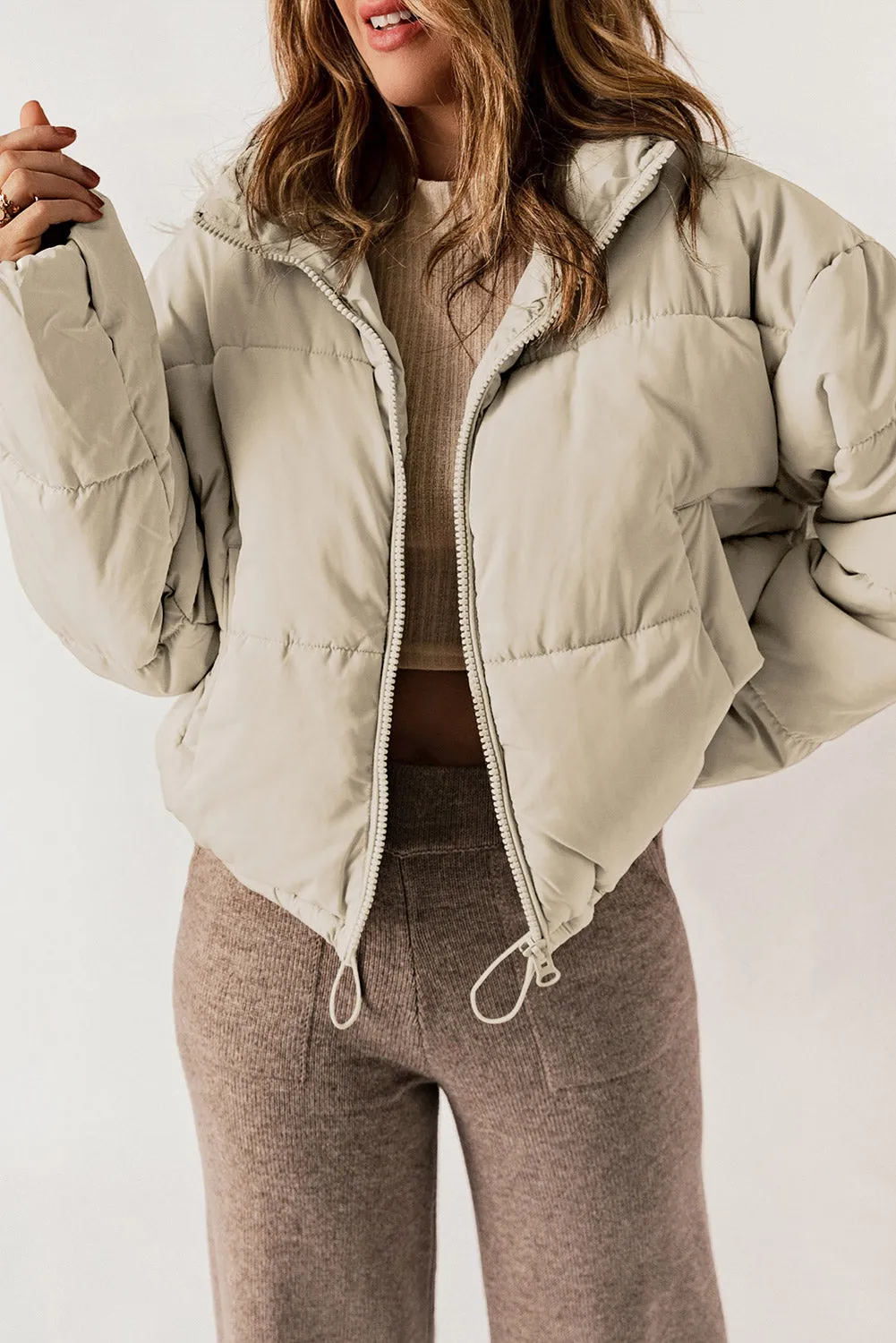 apricot zip up drawstring hem puffer coat