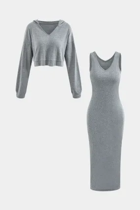 Basic V-neck Sleeveless Maxi Dress And Hooded Crop Sweatshirt Set