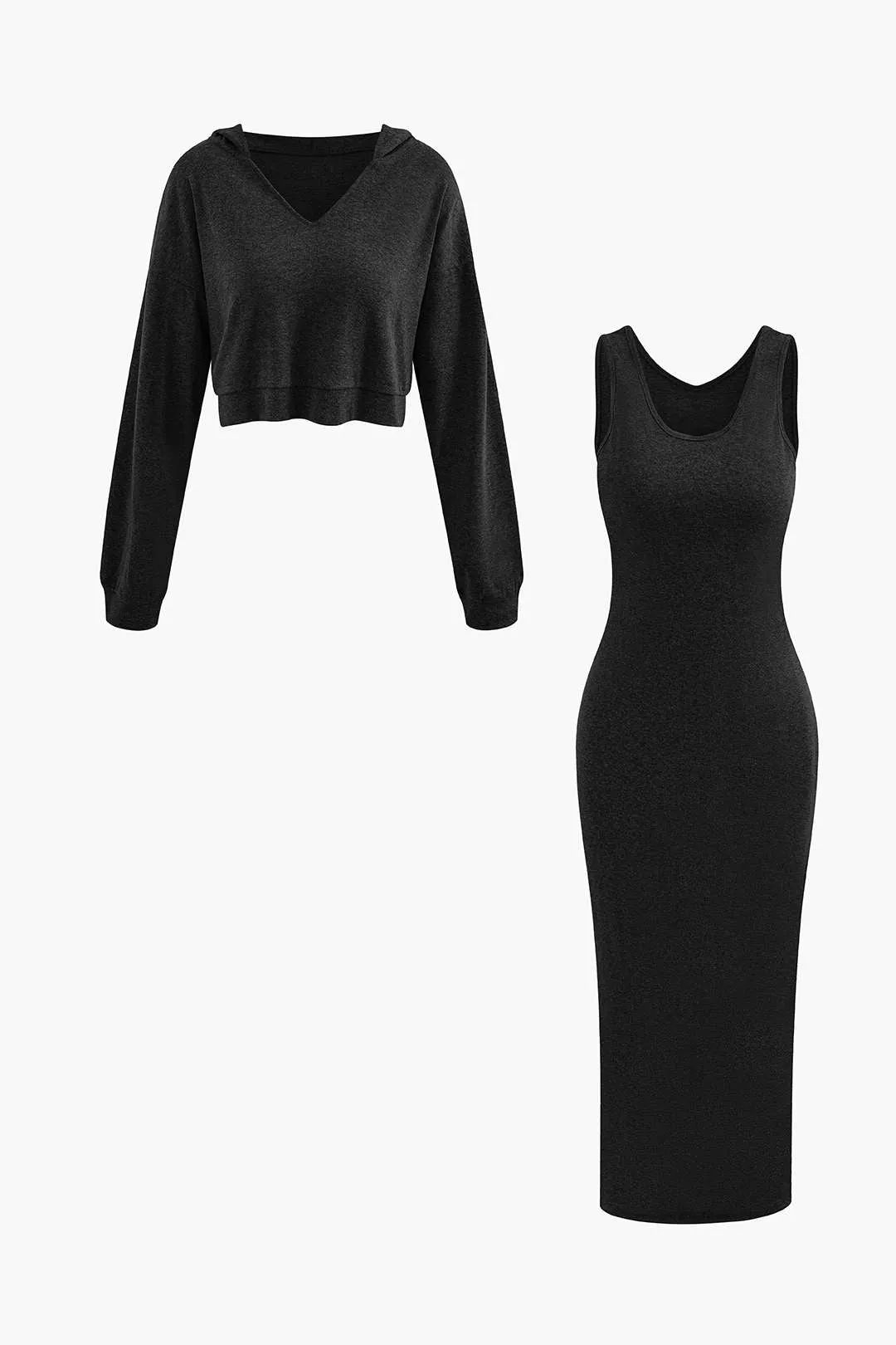 Basic V-neck Sleeveless Maxi Dress And Hooded Crop Sweatshirt Set