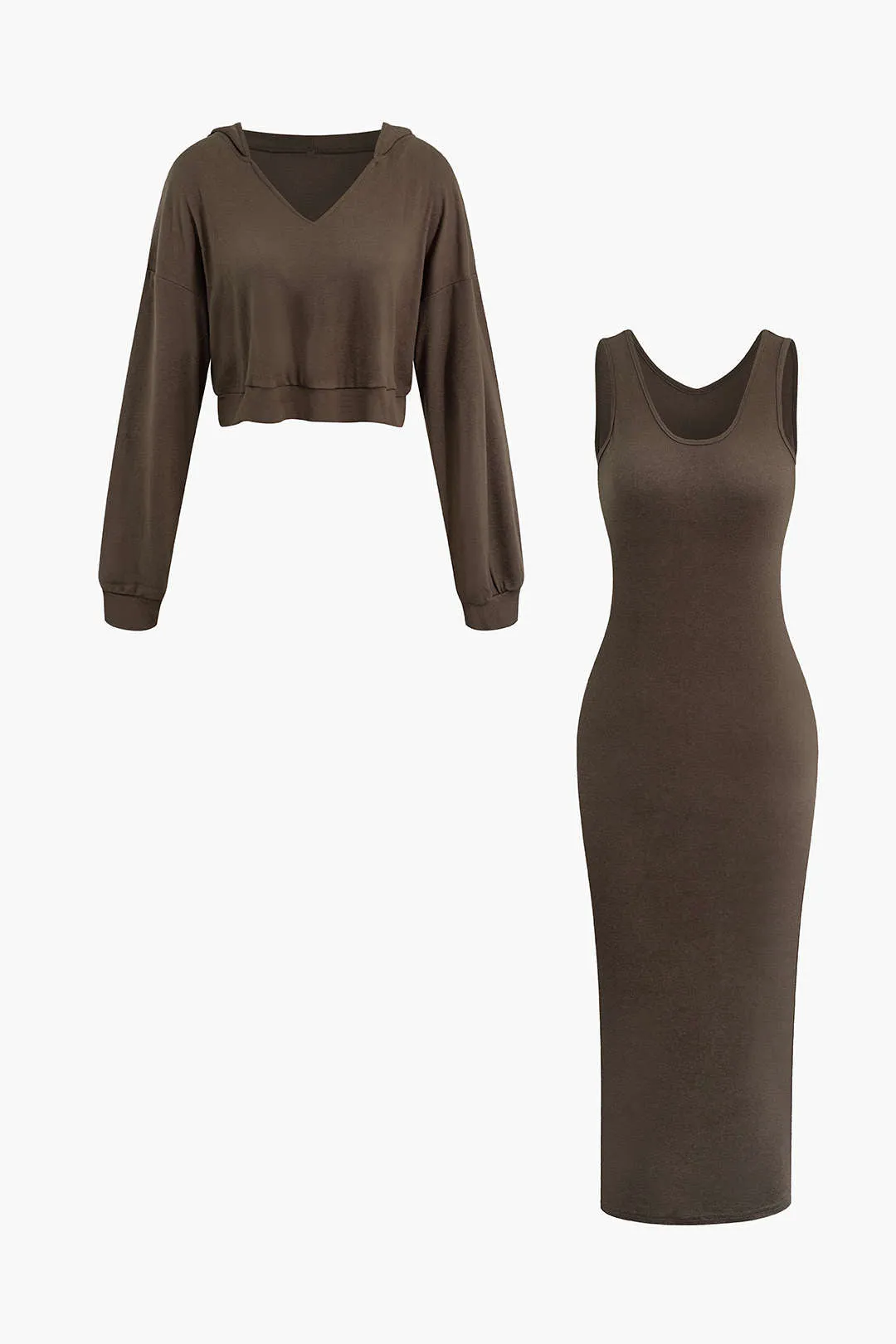 Basic V-neck Sleeveless Maxi Dress And Hooded Crop Sweatshirt Set