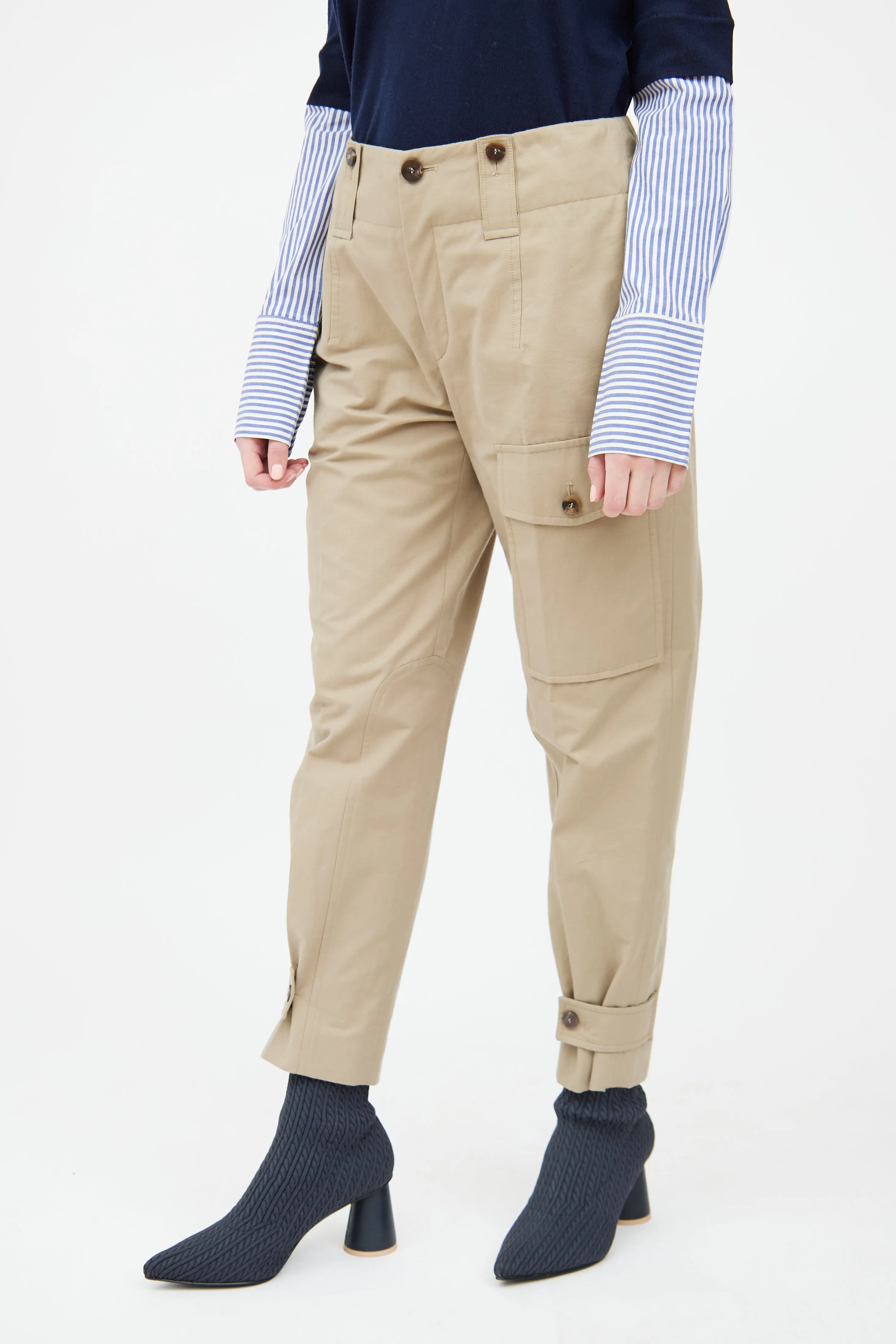 Beige Tapered Cargo Panel Pant