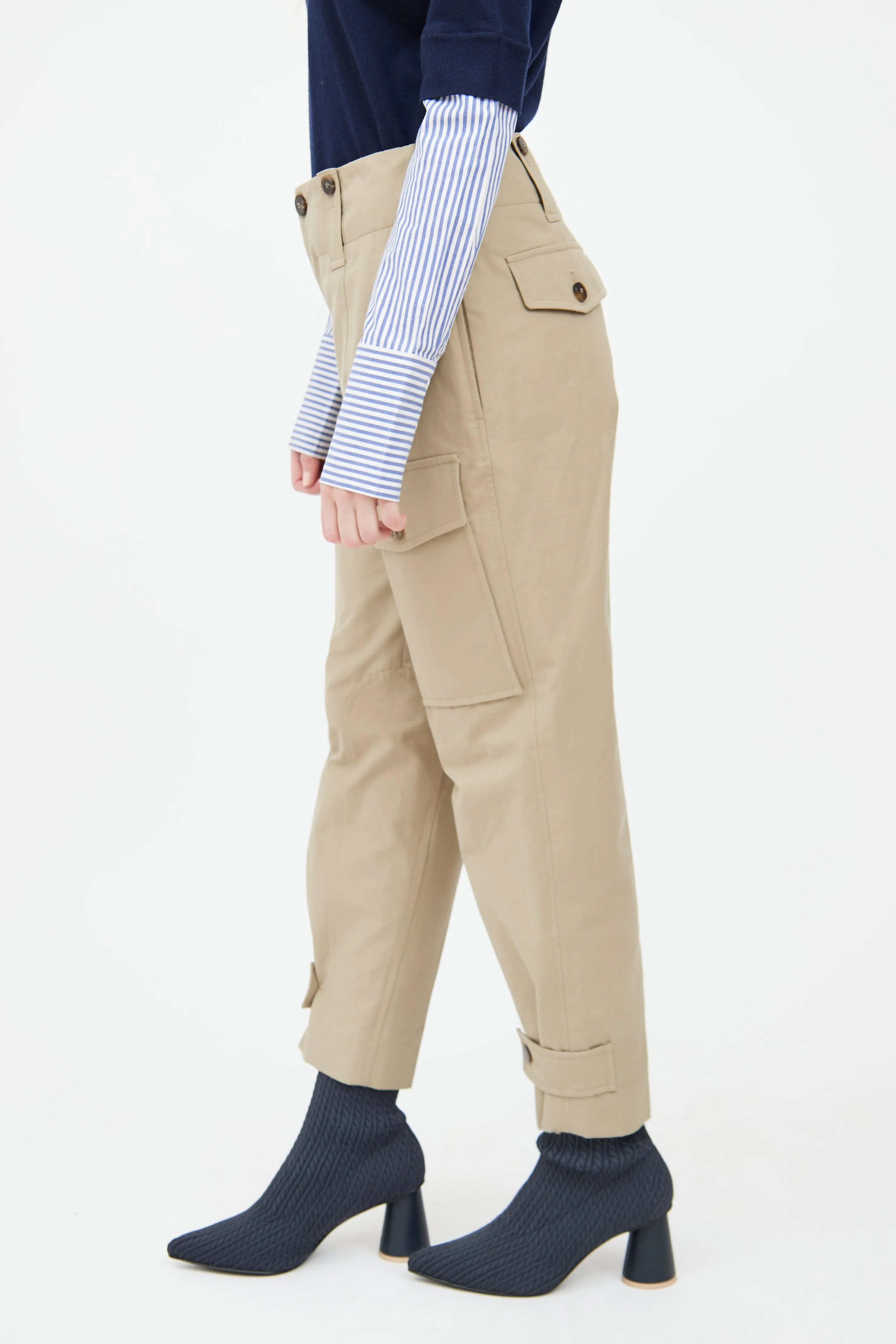 Beige Tapered Cargo Panel Pant