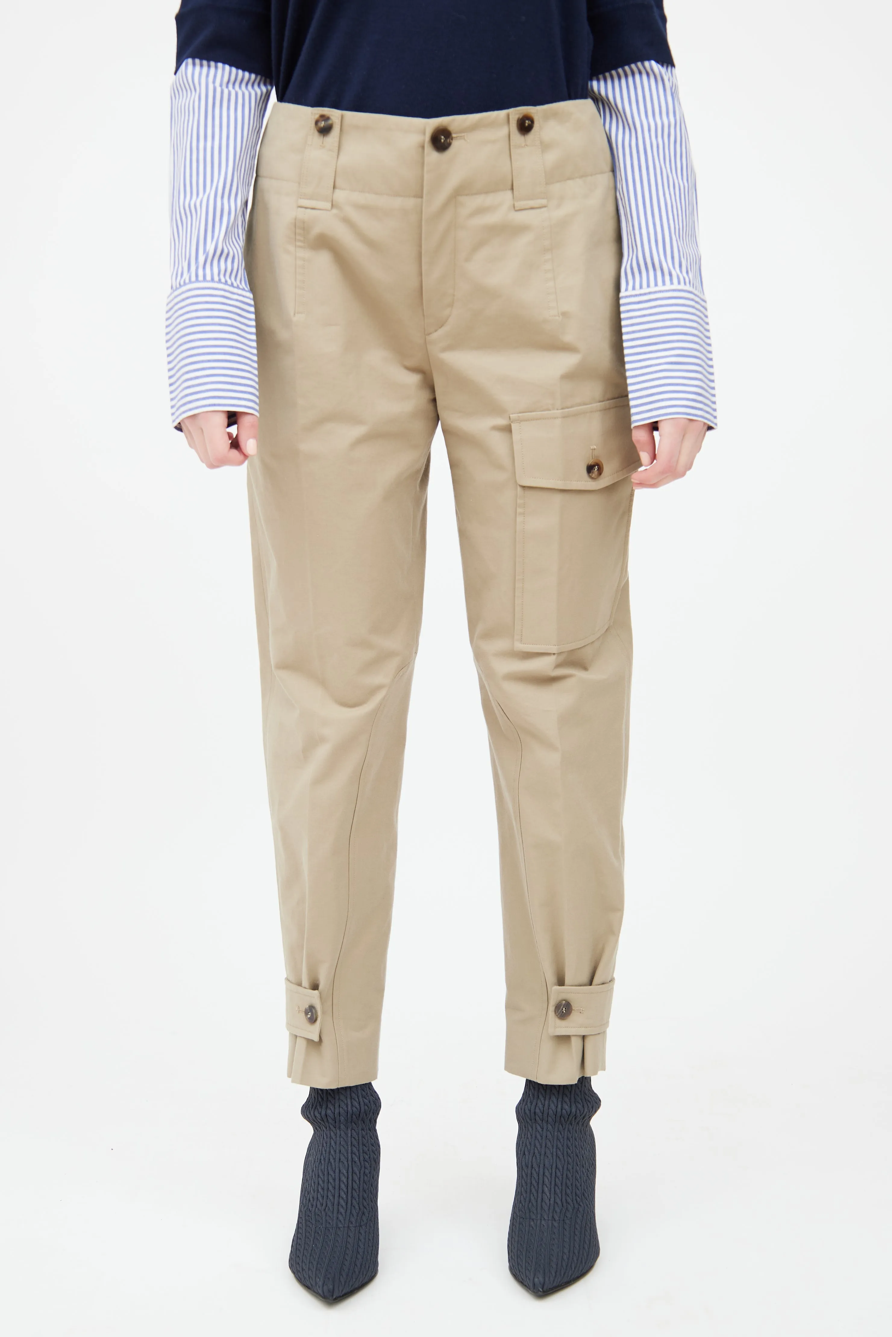 Beige Tapered Cargo Panel Pant