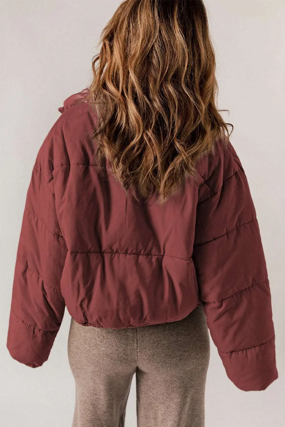 Biking Red Zip Up Drawstring Hem Pocket Puffer Coat