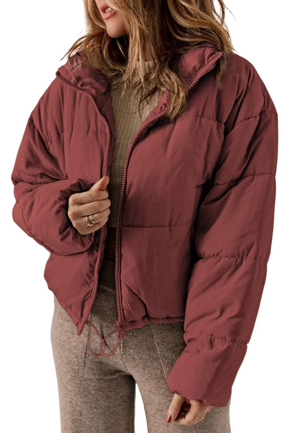 Biking Red Zip Up Drawstring Hem Pocket Puffer Coat