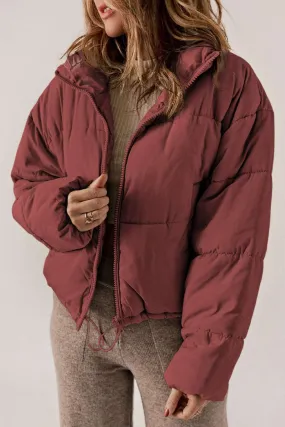 Biking Red Zip Up Drawstring Hem Pocket Puffer Coat