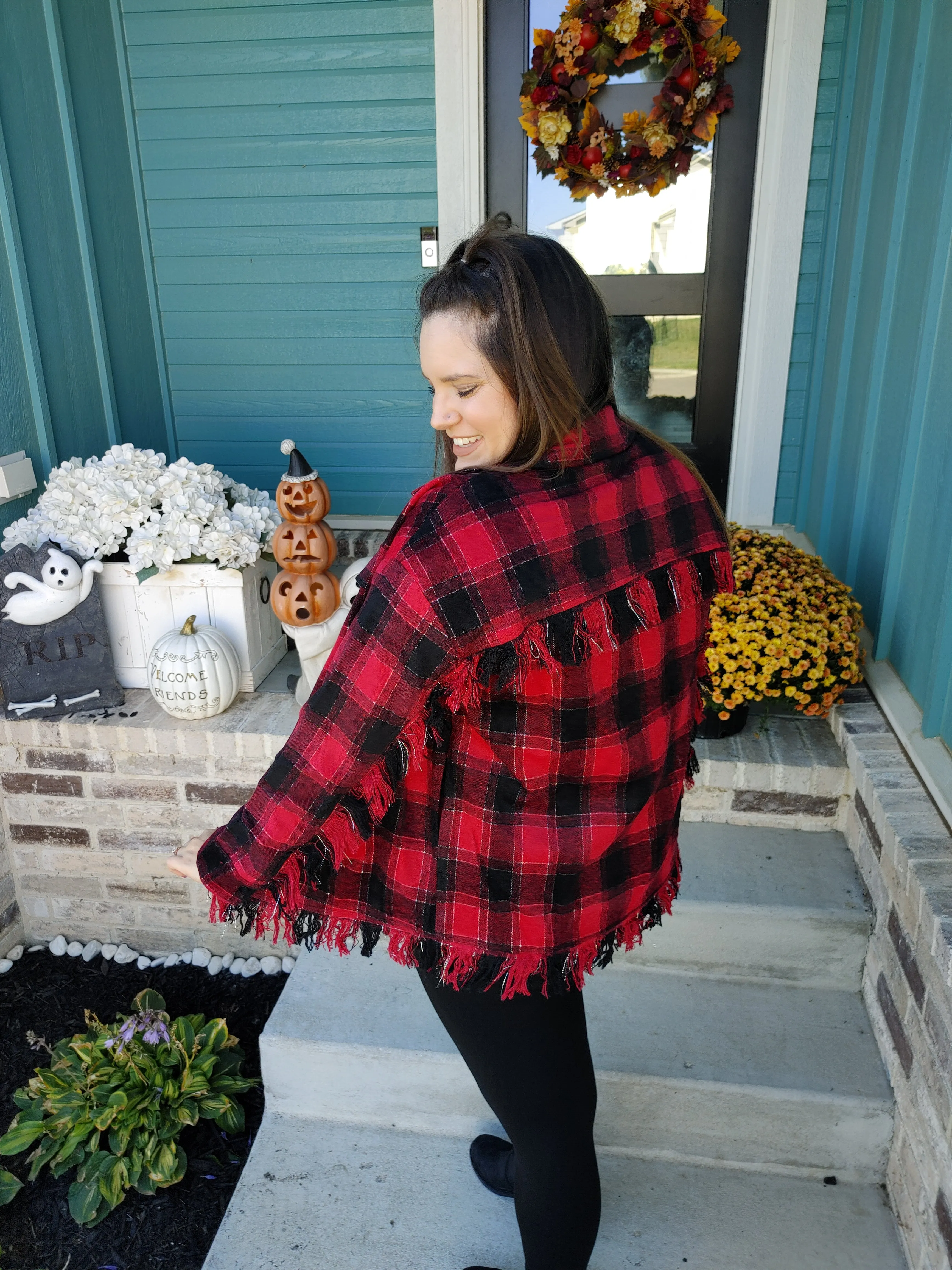 Black & Red Fringe Plaid Buttondown