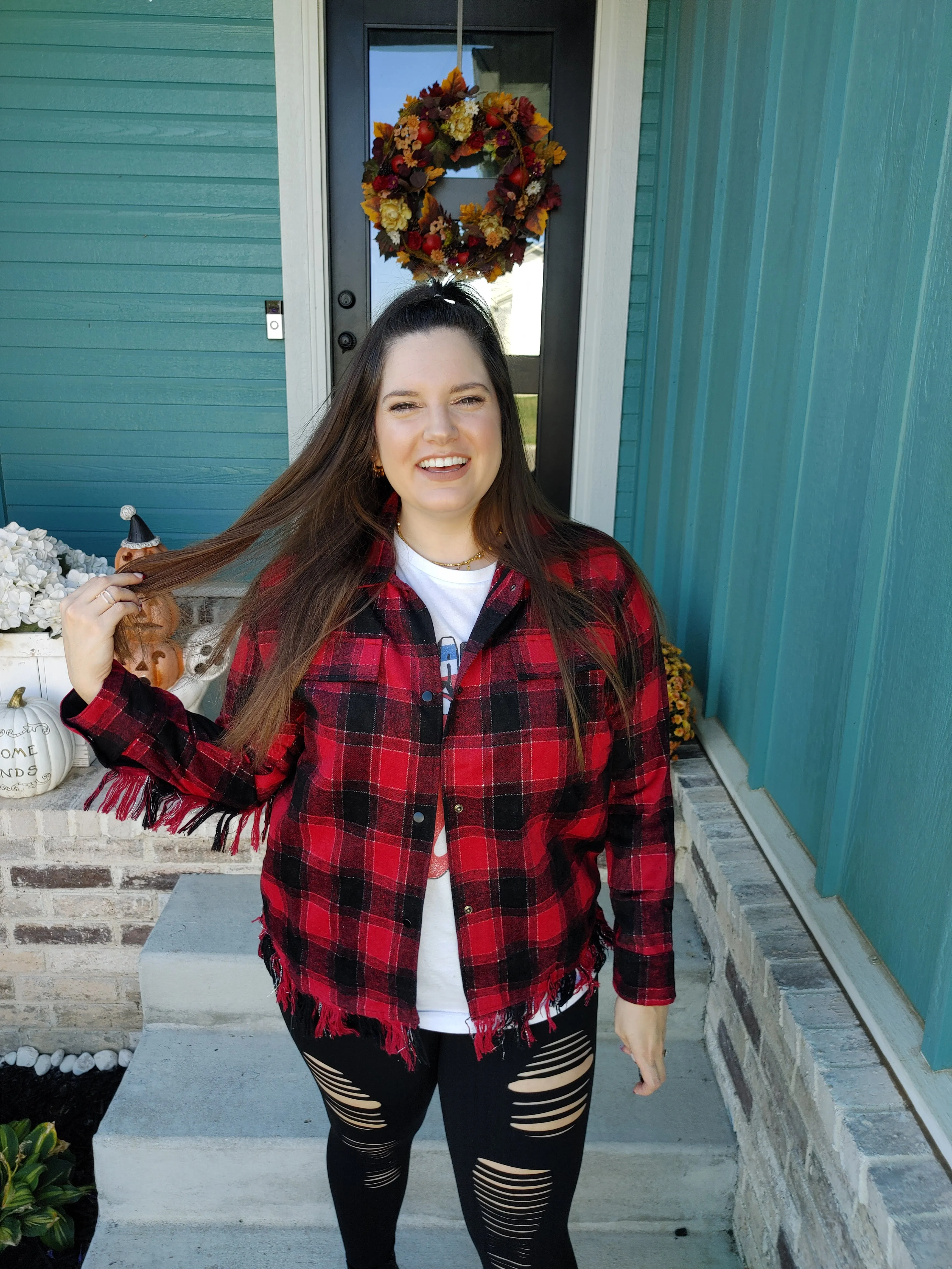 Black & Red Fringe Plaid Buttondown