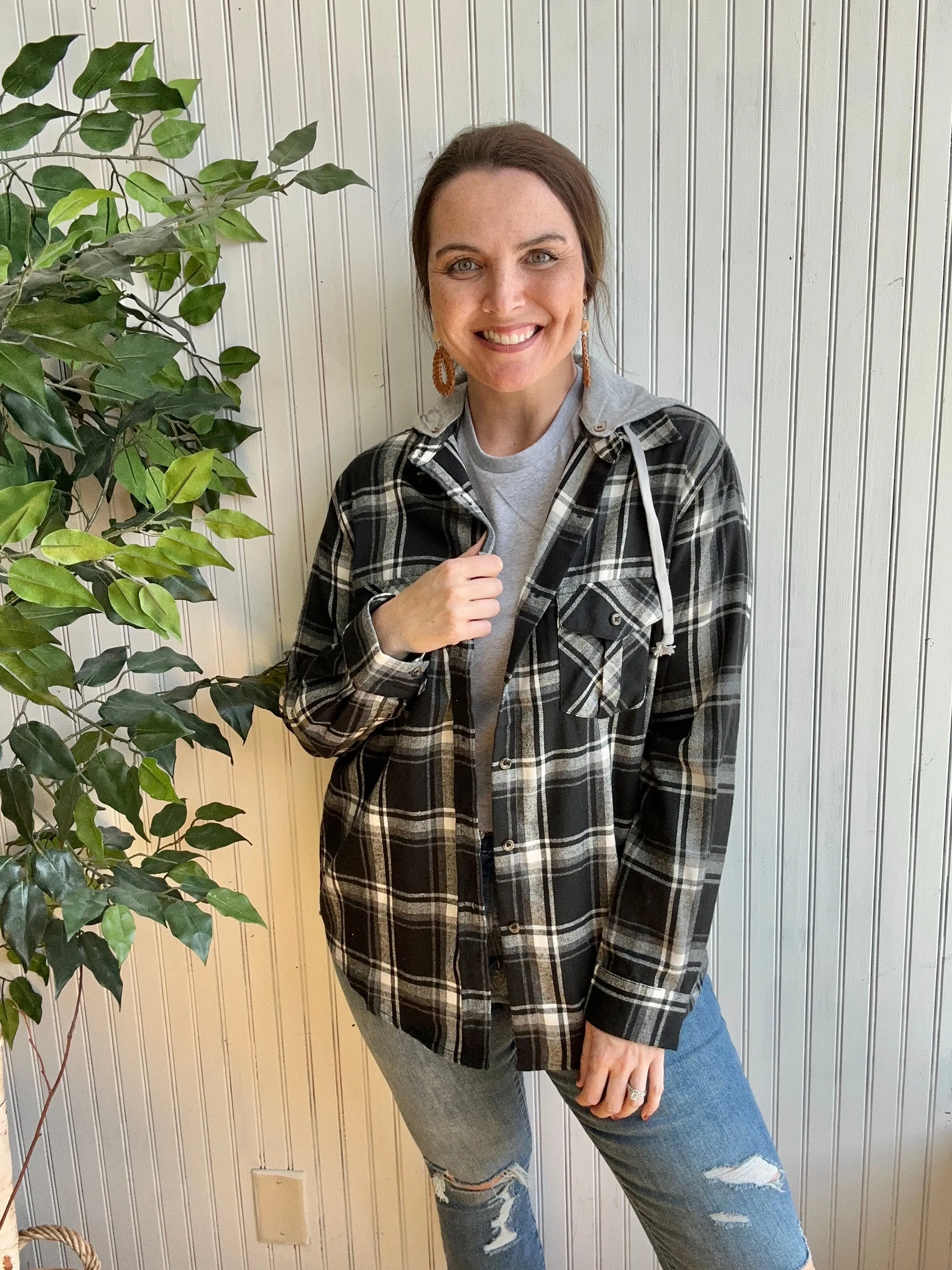 Black & White Lightweight Plaid Shacket with Hood-Plus