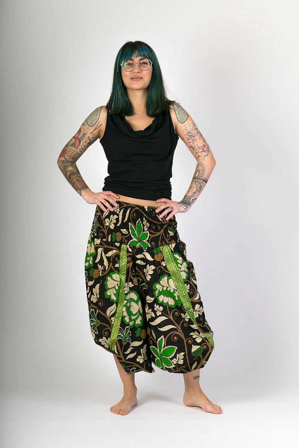 Black Green Print Cotton Harem Jumpsuit Pants