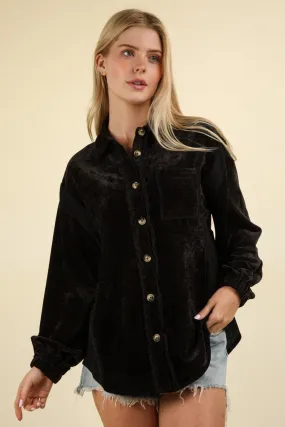 Black Mixed Media Button Down Raw Hem Shacket