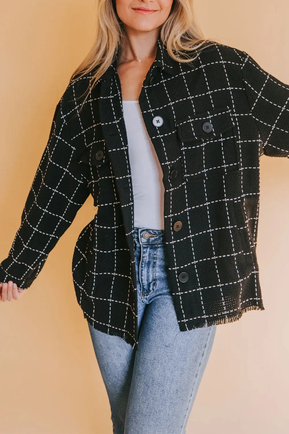 Black Plaid Button Up Shirt Shacket with Flap Pockets