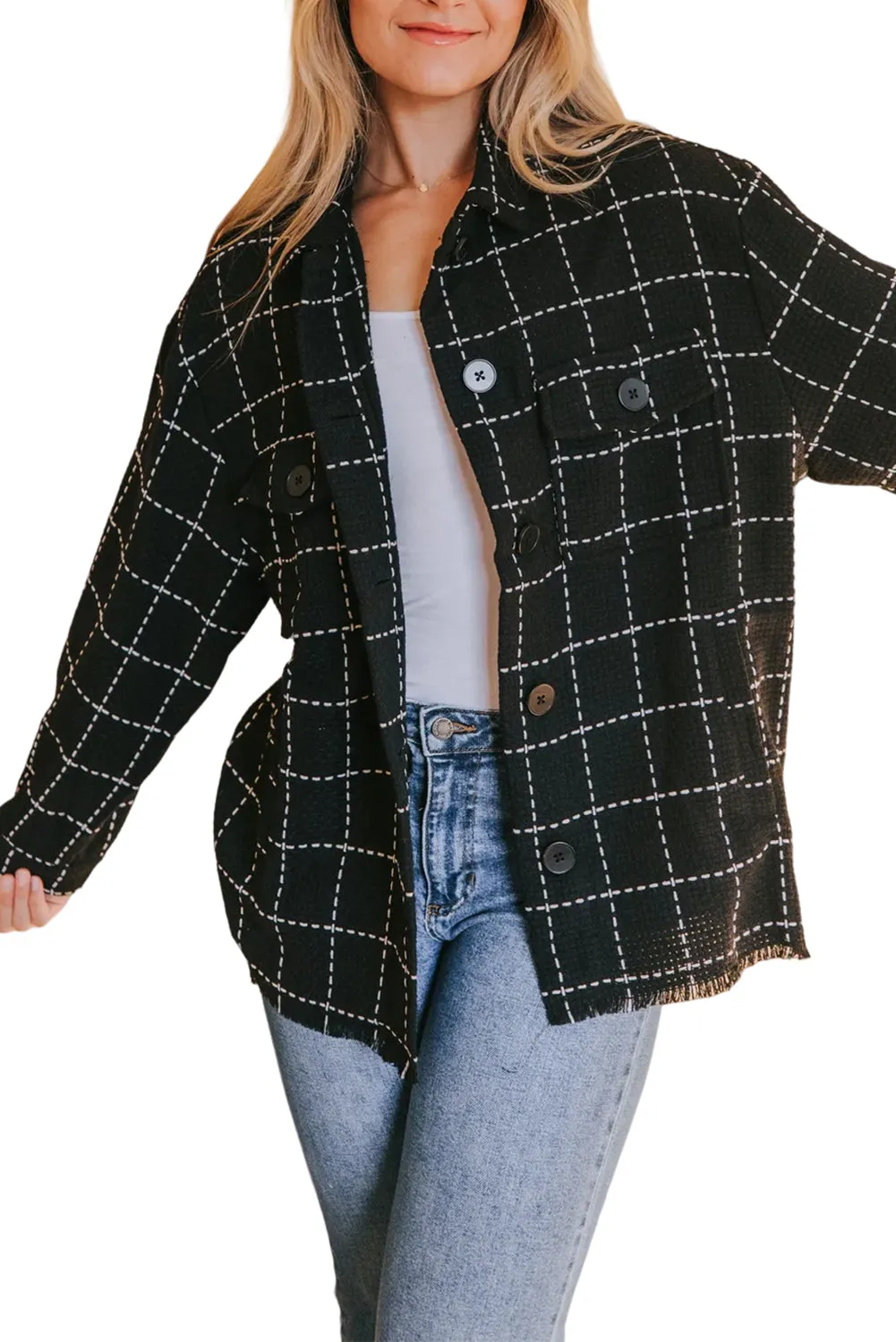 Black Plaid Button Up Shirt Shacket with Flap Pockets