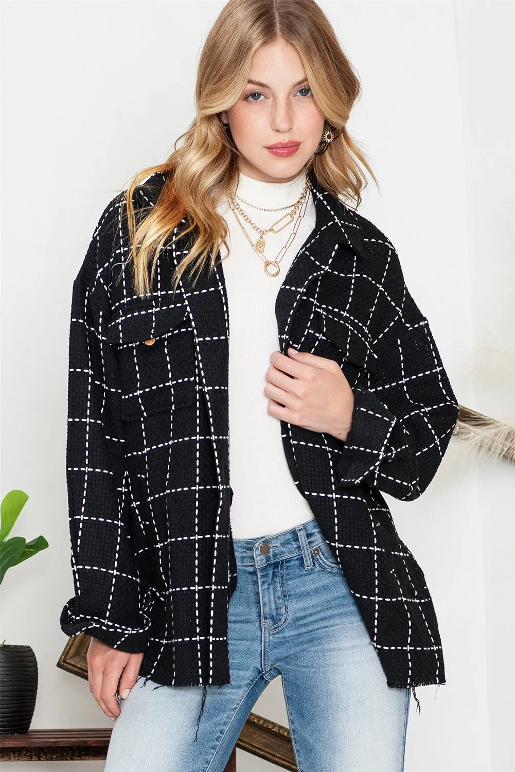 Black Plaid Button Up Shirt Shacket with Flap Pockets