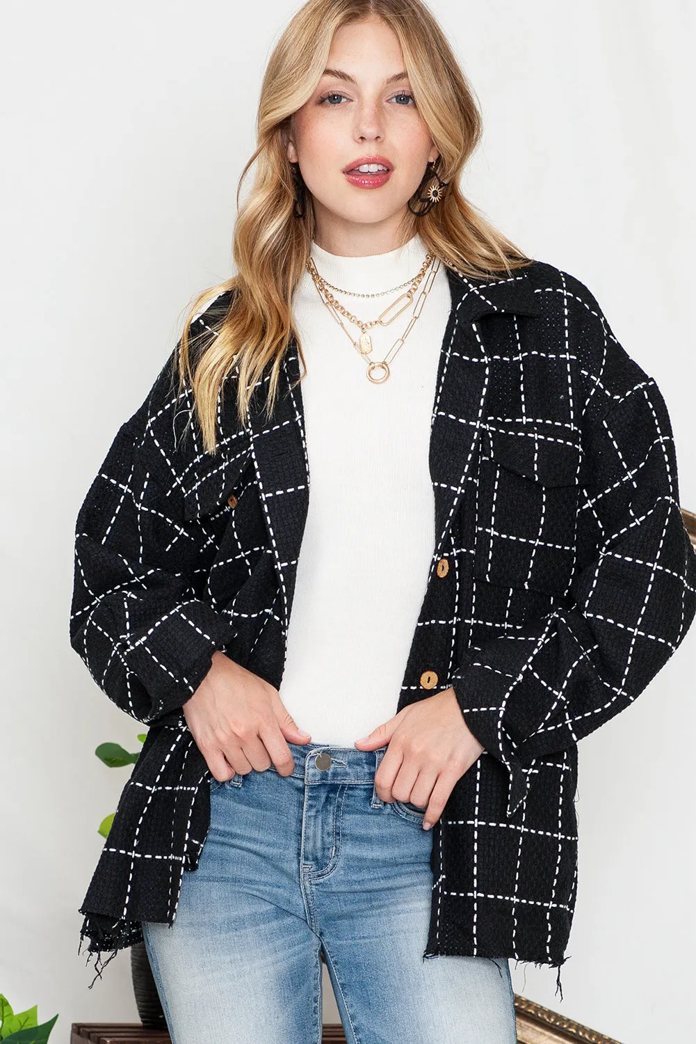 Black Plaid Button Up Shirt Shacket with Flap Pockets