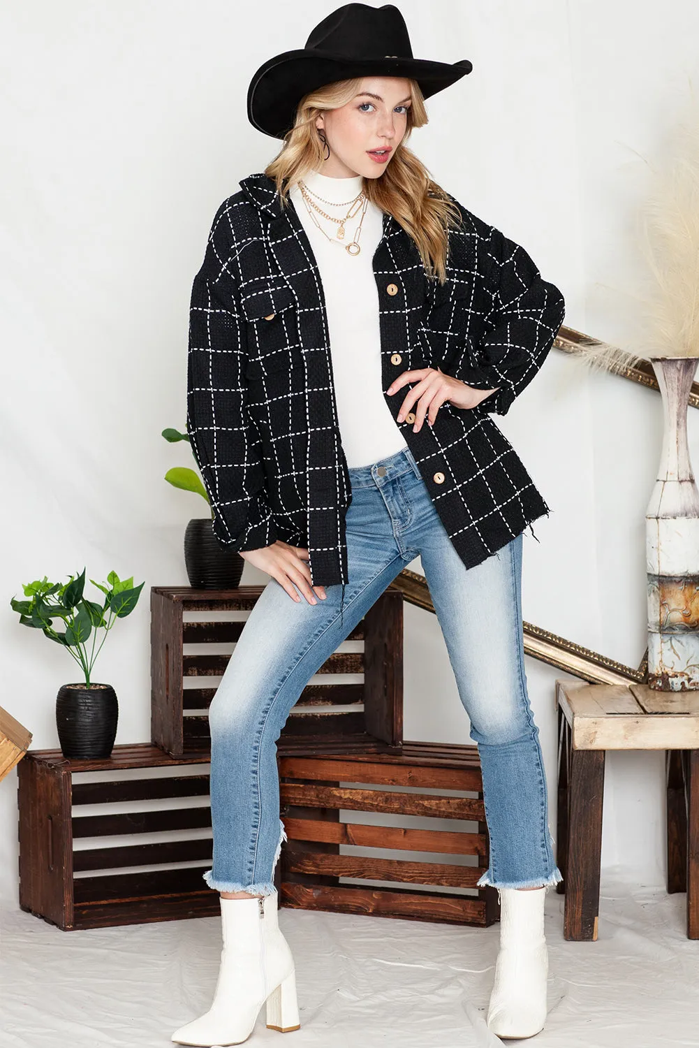 Black Plaid Button Up Shirt Shacket with Flap Pockets