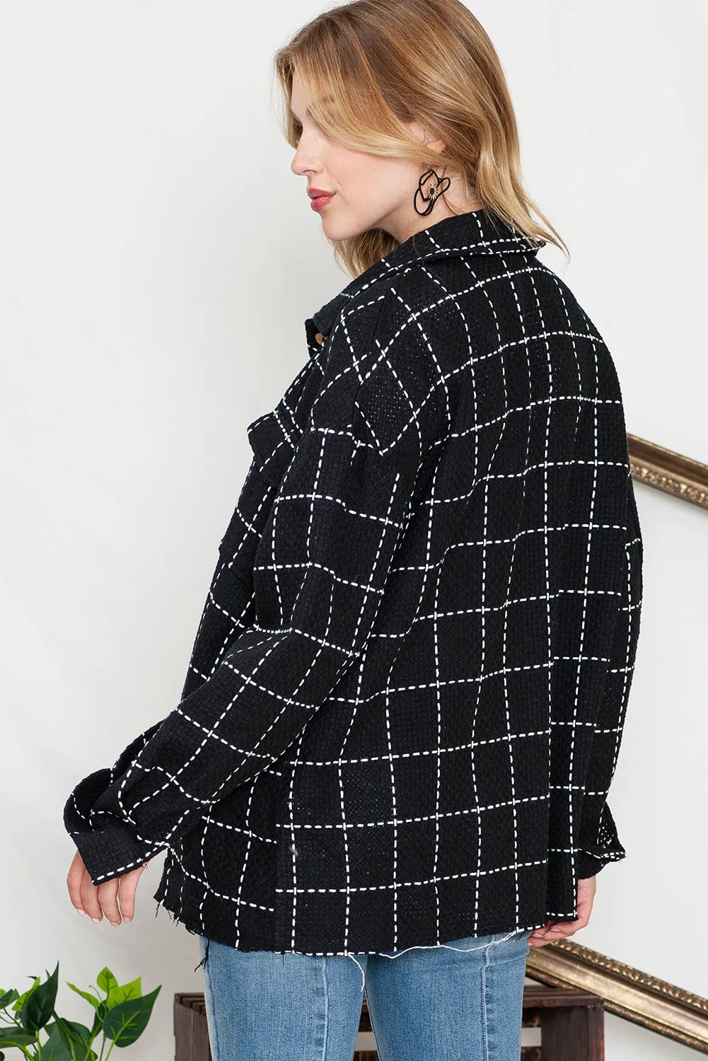 Black Plaid Button Up Shirt Shacket with Flap Pockets