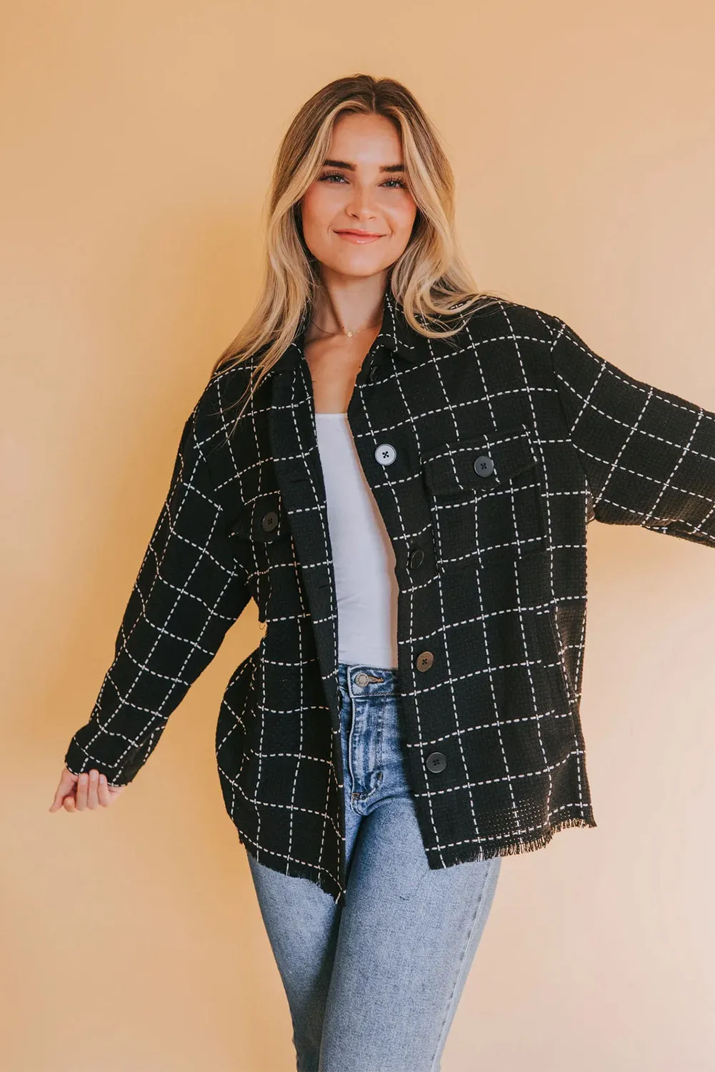 Black Plaid Button Up Shirt Shacket with Flap Pockets