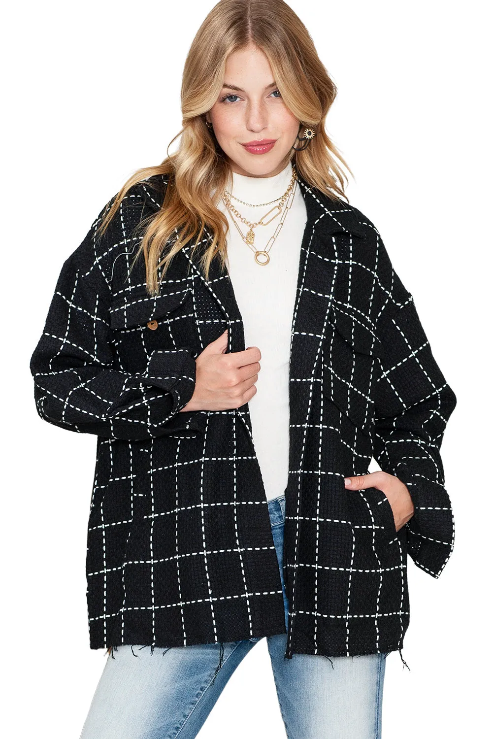 Black Plaid Button Up Shirt Shacket with Flap Pockets