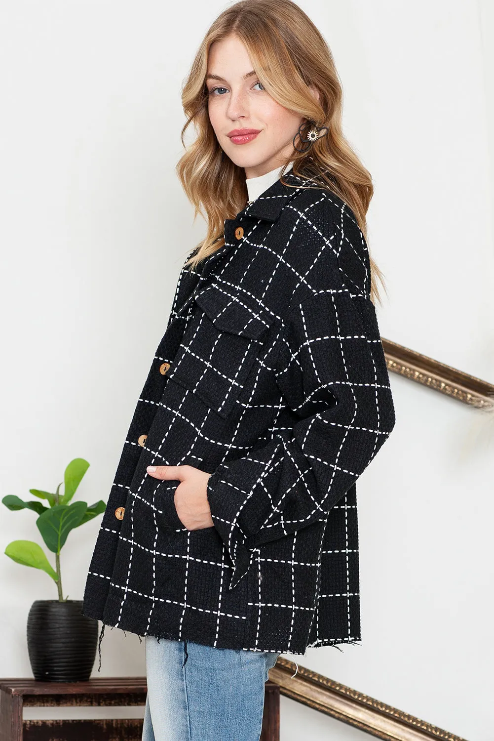 Black Plaid Button Up Shirt Shacket with Flap Pockets