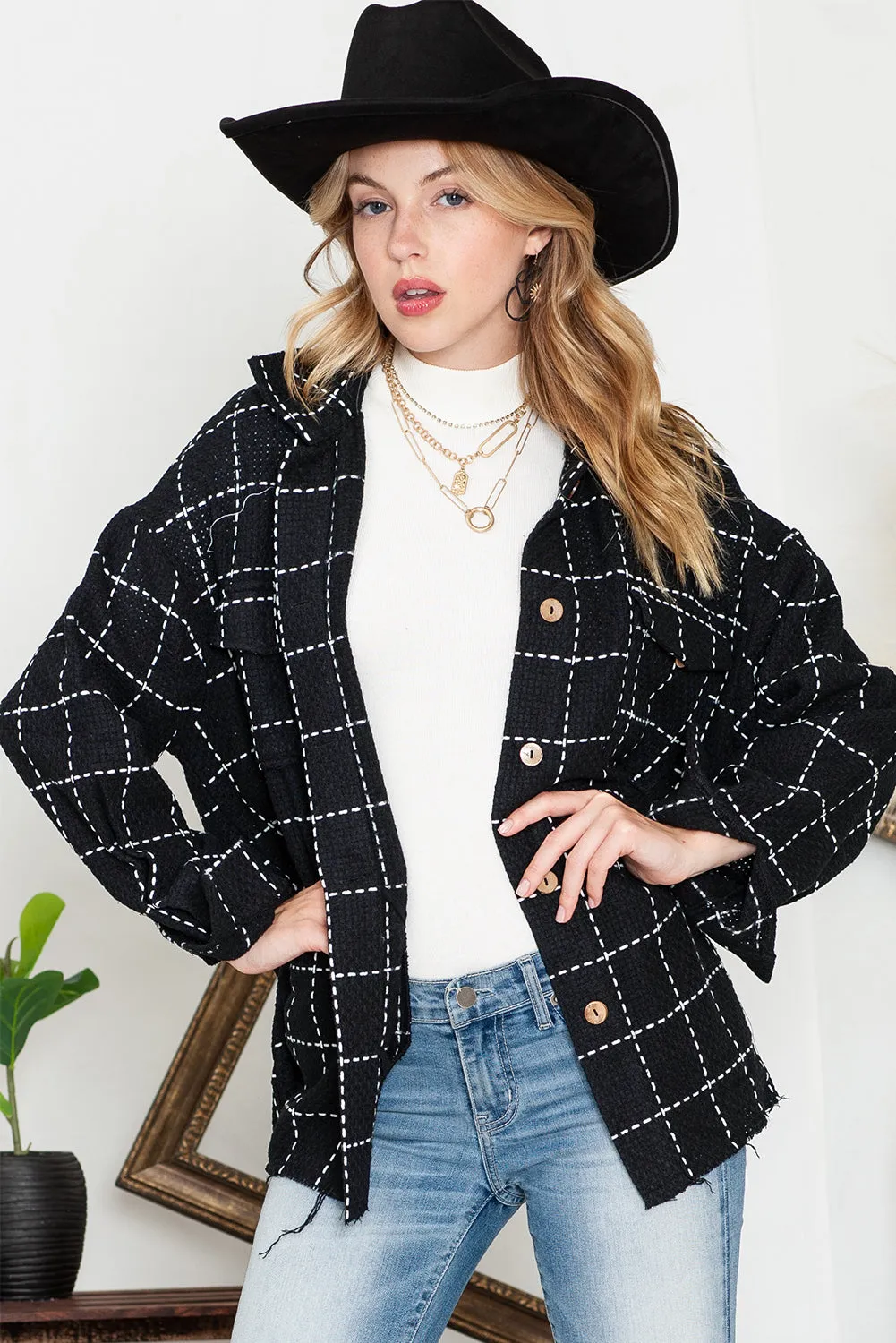 Black Plaid Button Up Shirt Shacket with Flap Pockets