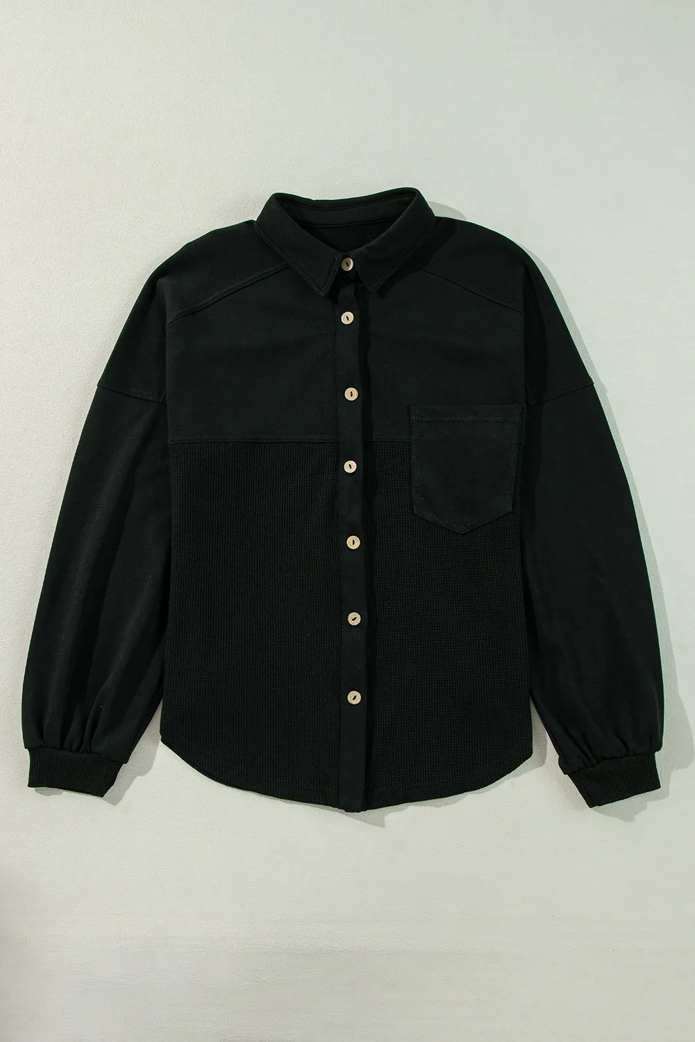 Black Waffle Knit Patchwork Buttoned Oversized Shacket