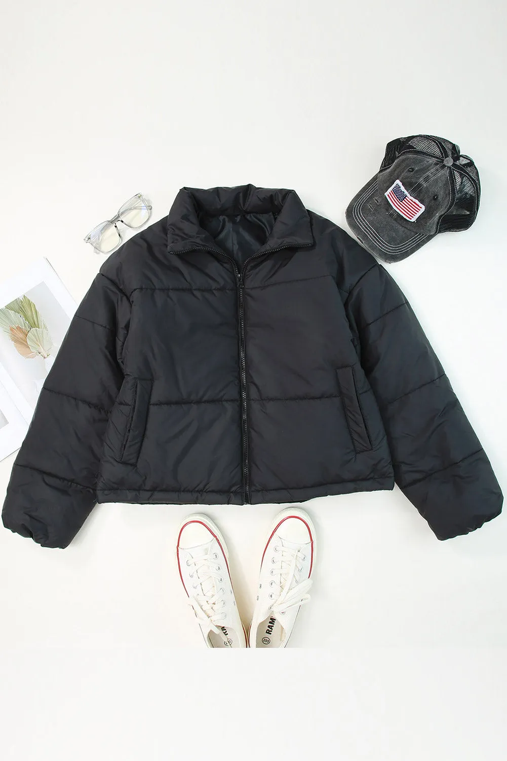 Black Zip Up Drawstring Hem Puffer Coat