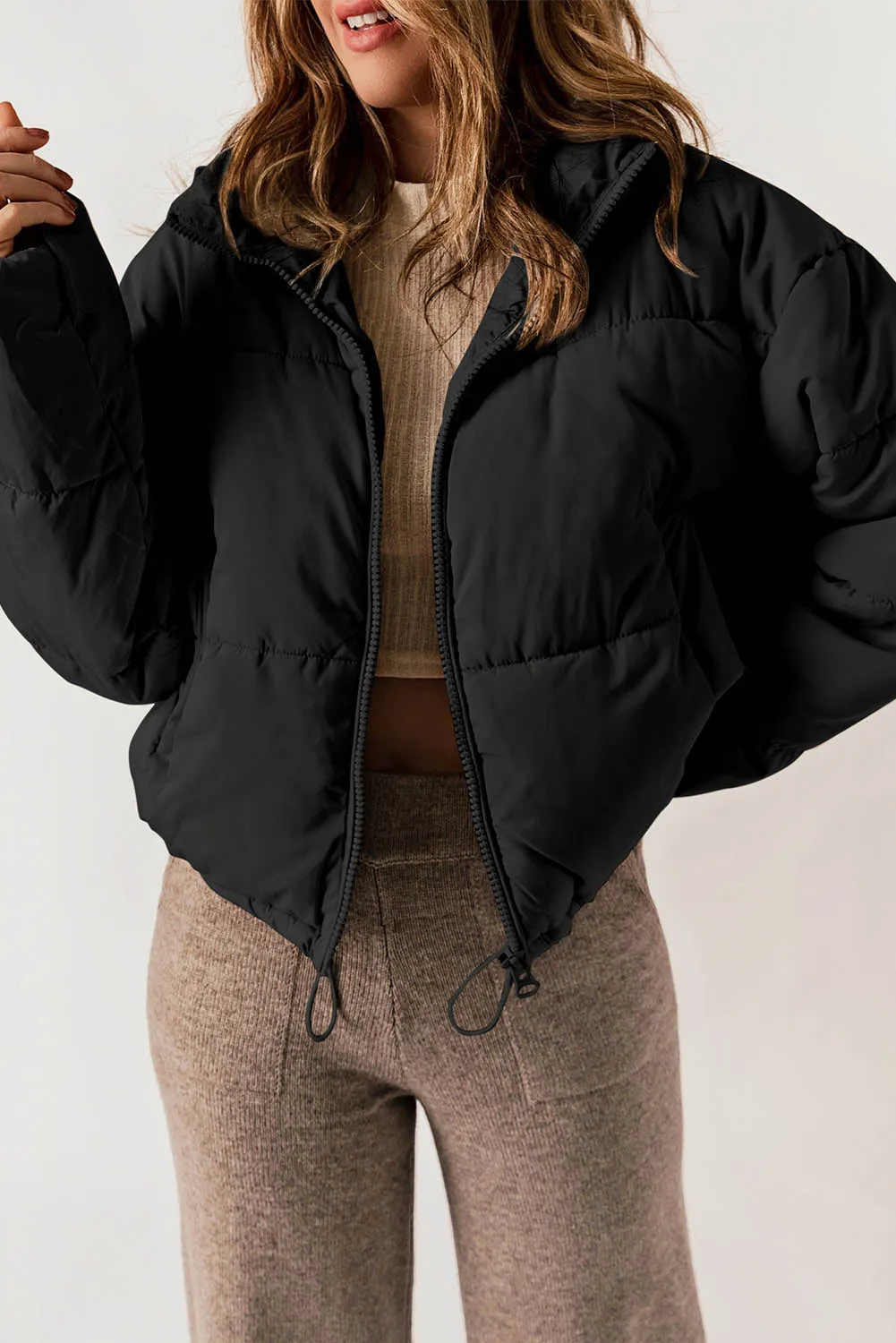 Black Zip Up Drawstring Hem Puffer Coat