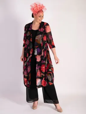 Black/Multi Rose Bouquet Print Shawl Collar Chiffon Coat -