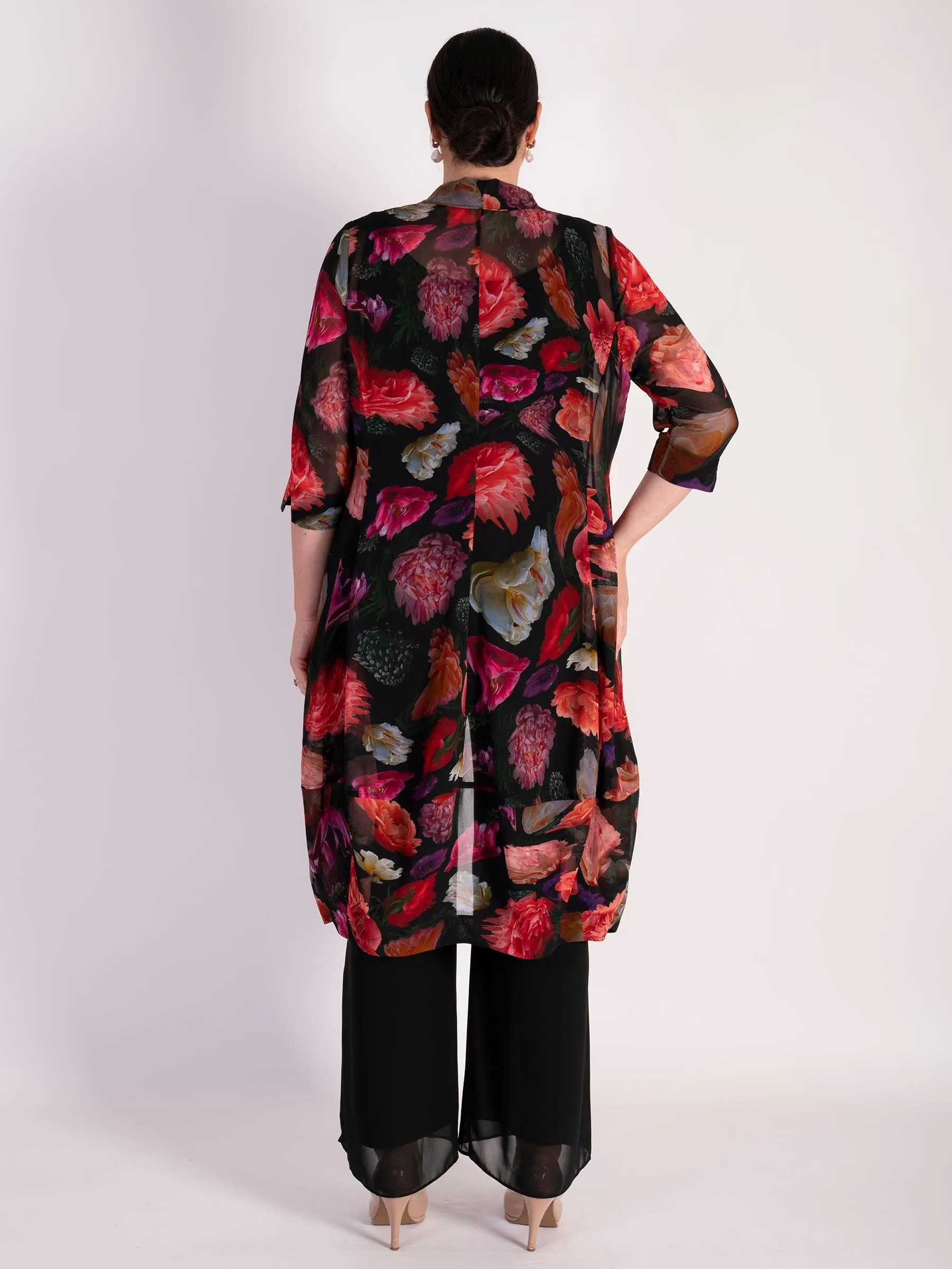 Black/Multi Rose Bouquet Print Shawl Collar Chiffon Coat -