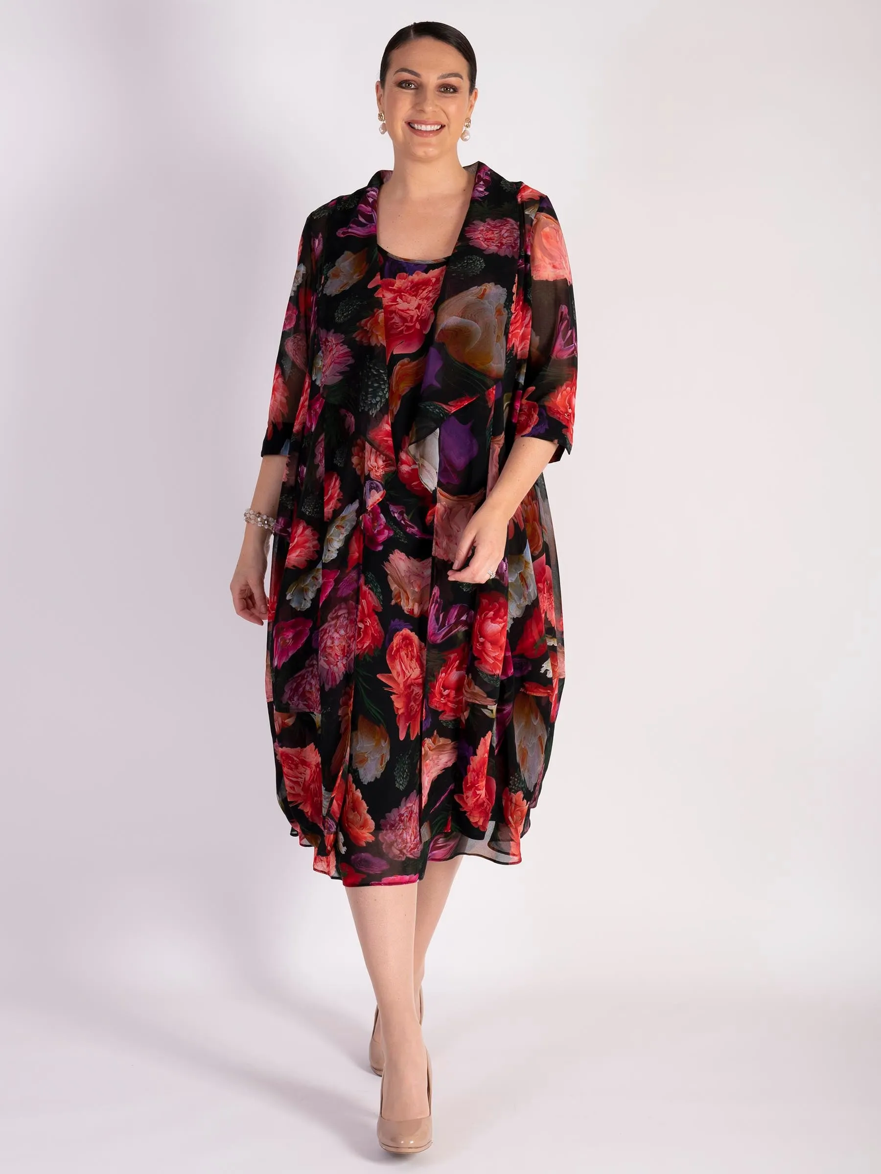 Black/Multi Rose Bouquet Print Shawl Collar Chiffon Coat -