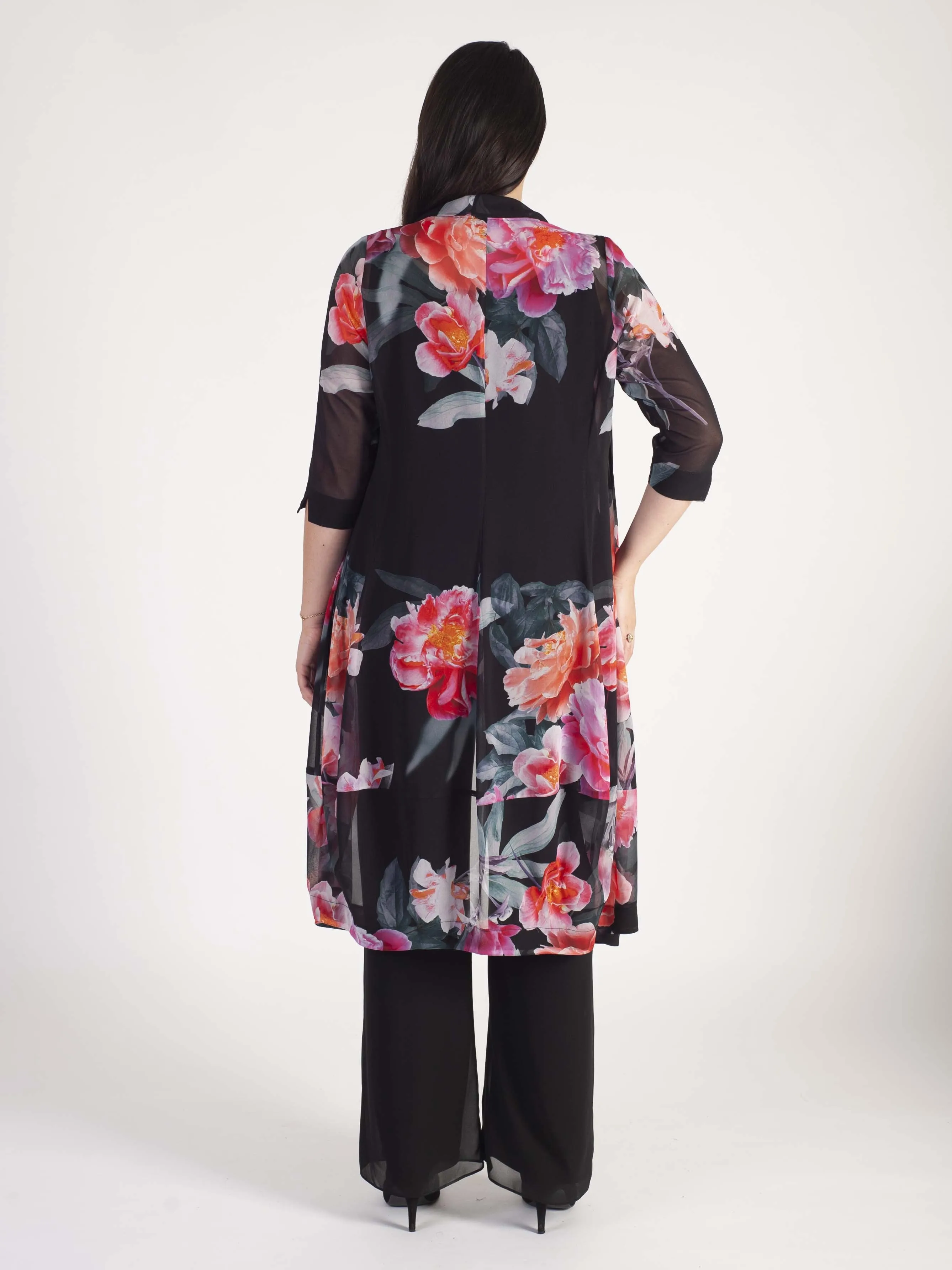 Black/Pink Peony Print Shawl Collar Chiffon Coat