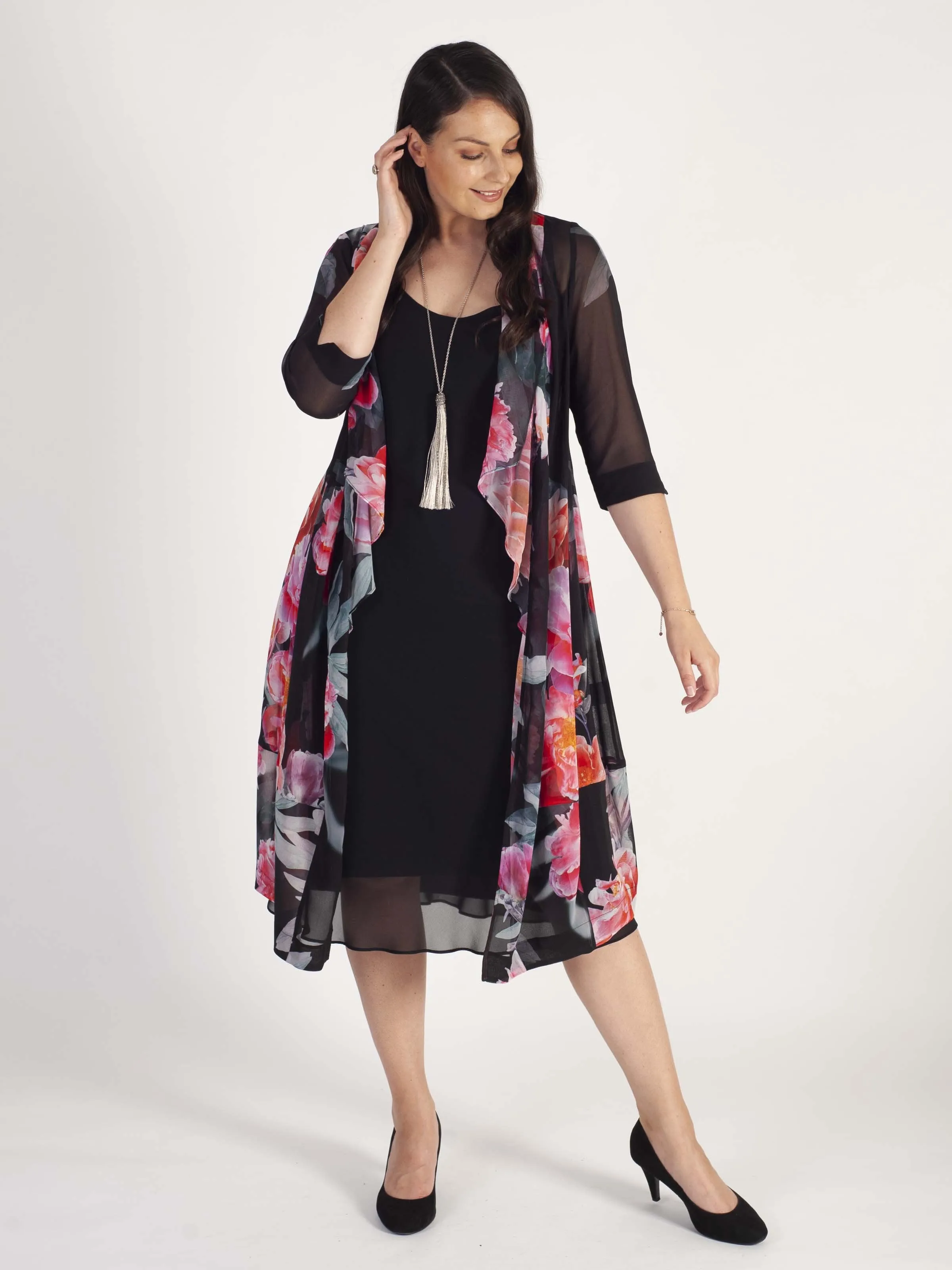 Black/Pink Peony Print Shawl Collar Chiffon Coat