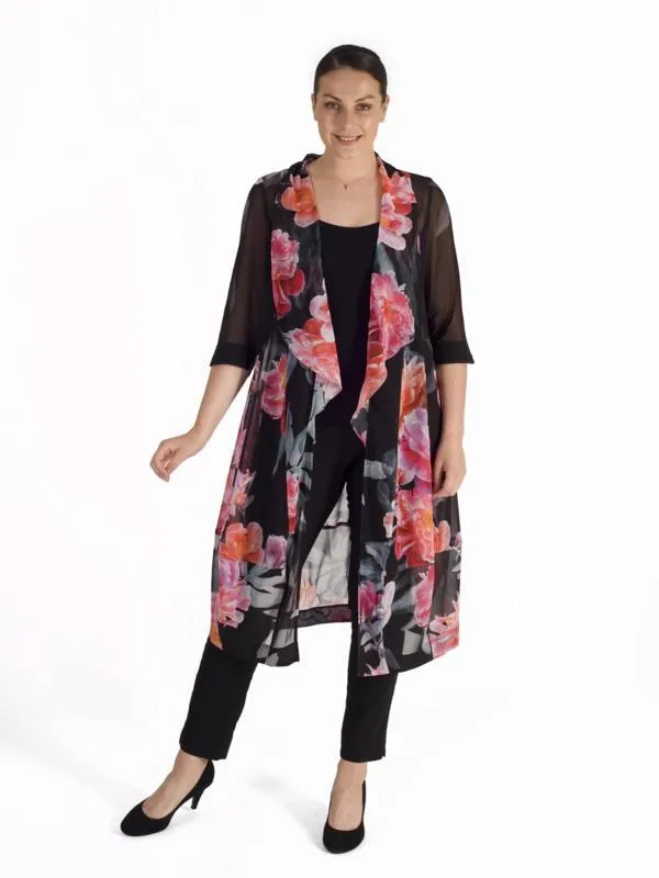 Black/Pink Peony Print Shawl Collar Chiffon Coat