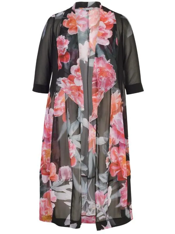 Black/Pink Peony Print Shawl Collar Chiffon Coat