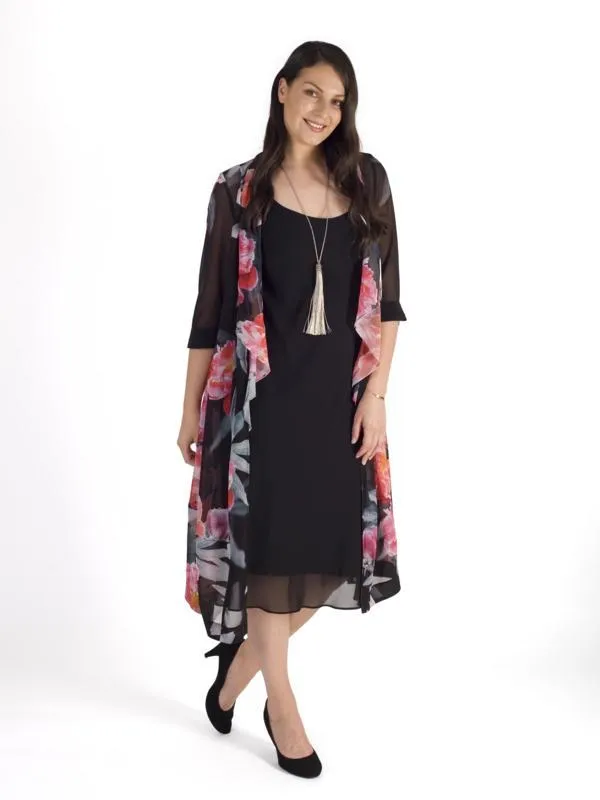 Black/Pink Peony Print Shawl Collar Chiffon Coat