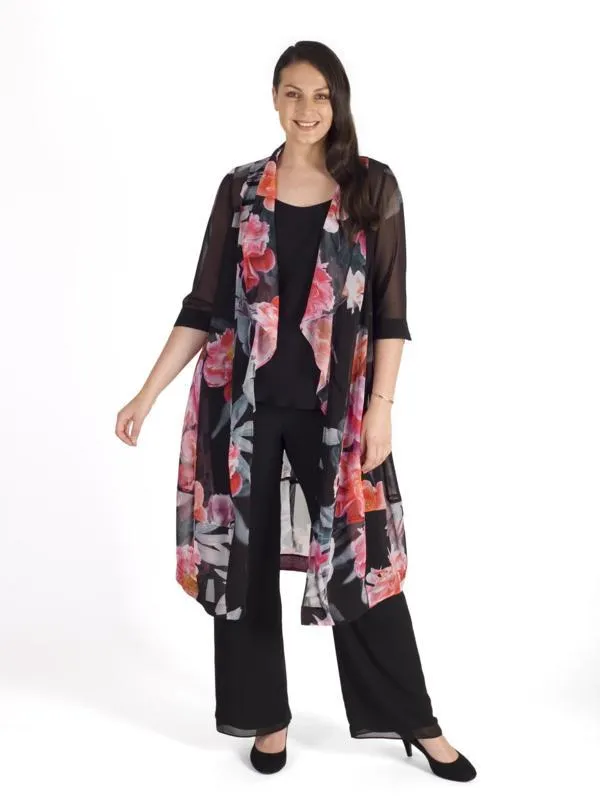 Black/Pink Peony Print Shawl Collar Chiffon Coat